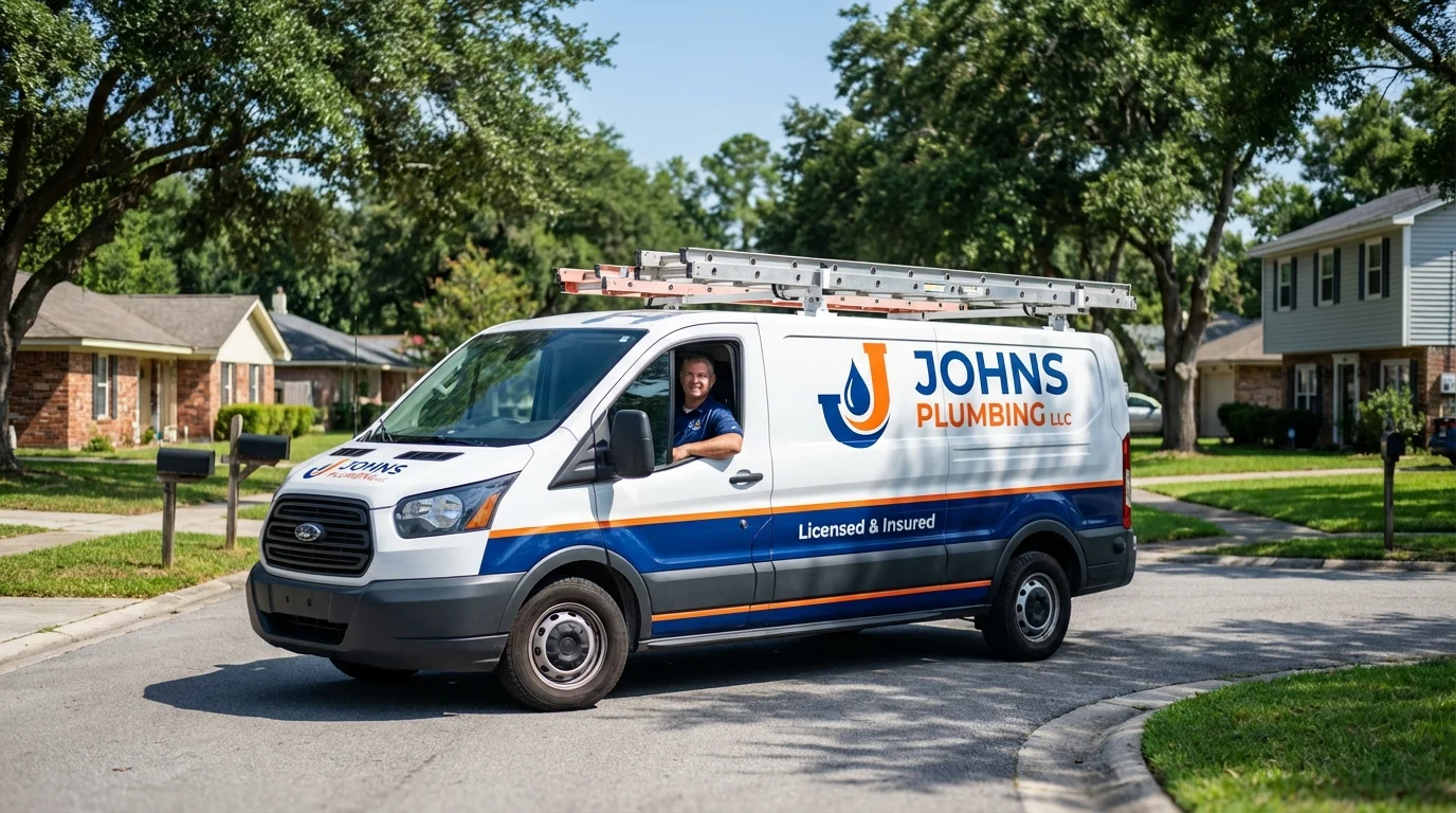 Johns Plumbing LLC service van in Plymouth, ME