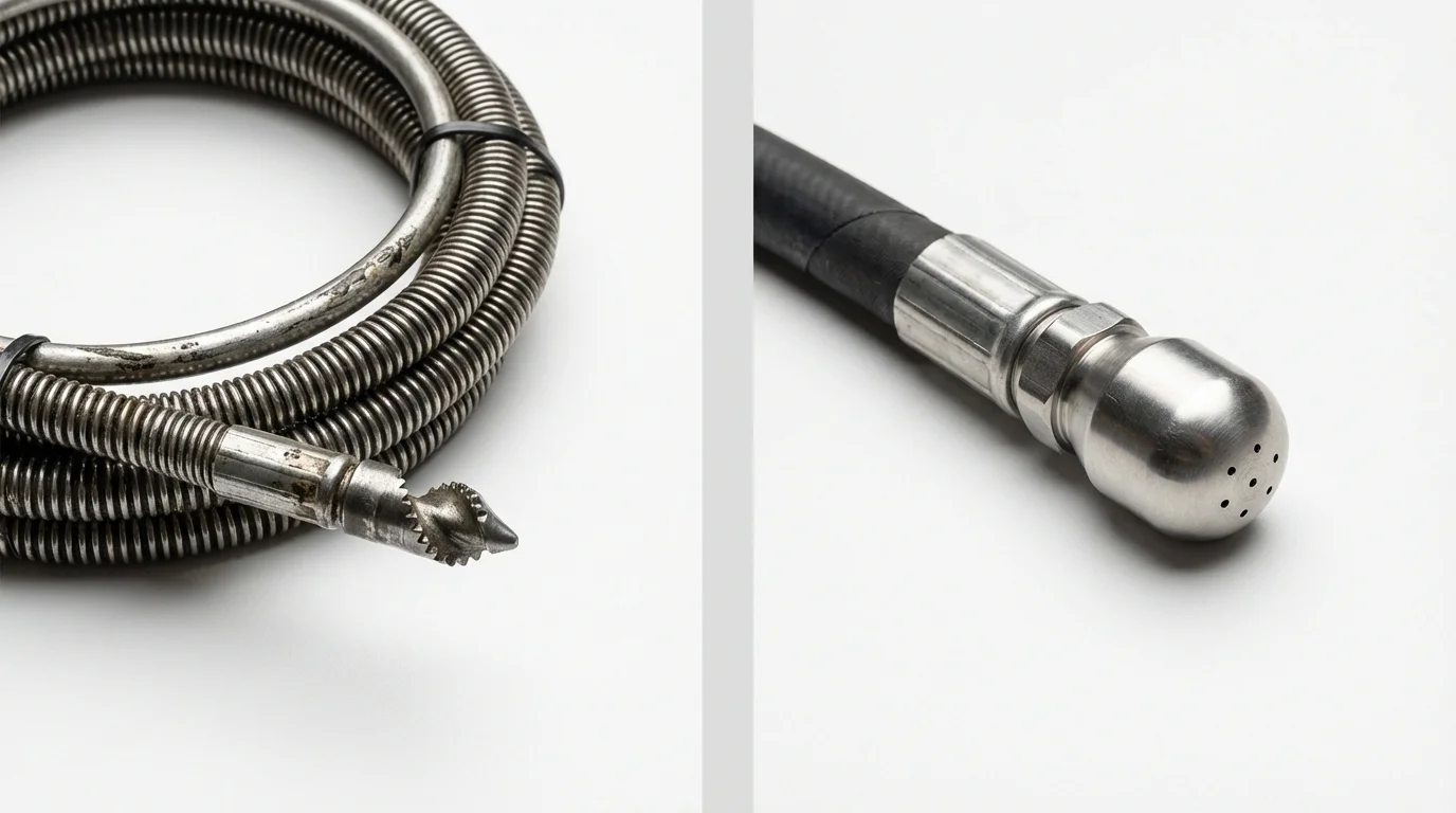 Drain snake cable and hydro jetting nozzle used for drain cleaning in Plymouth, ME