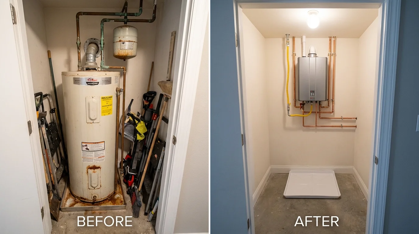 Tank water heater versus wall-mounted tankless unit comparison for Plymouth, ME homeowners