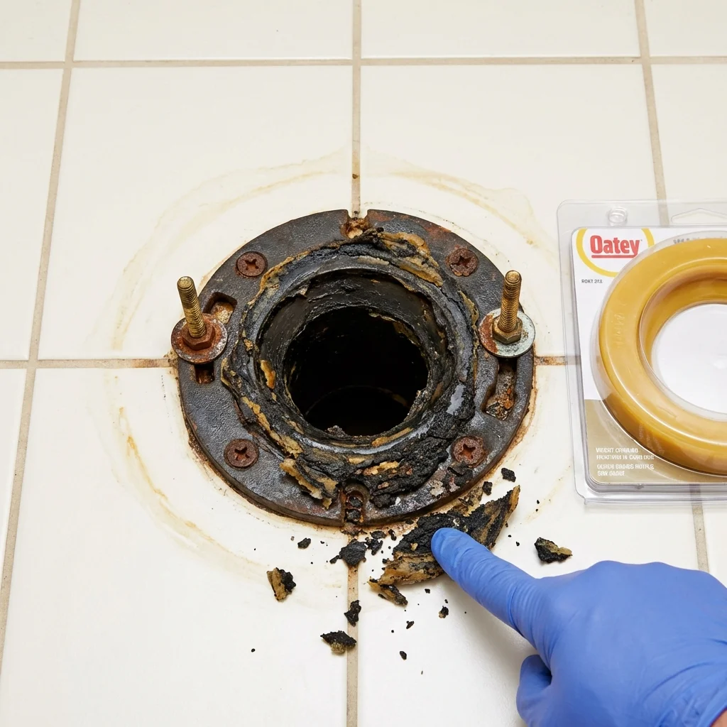 Failed wax ring showing water seepage at the base of a toilet in a Plymouth, ME home