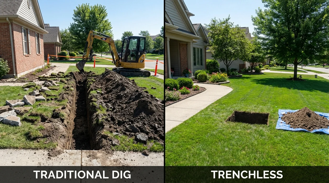 Trenchless sewer repair with minimal yard damage versus traditional excavation in Plymouth, ME