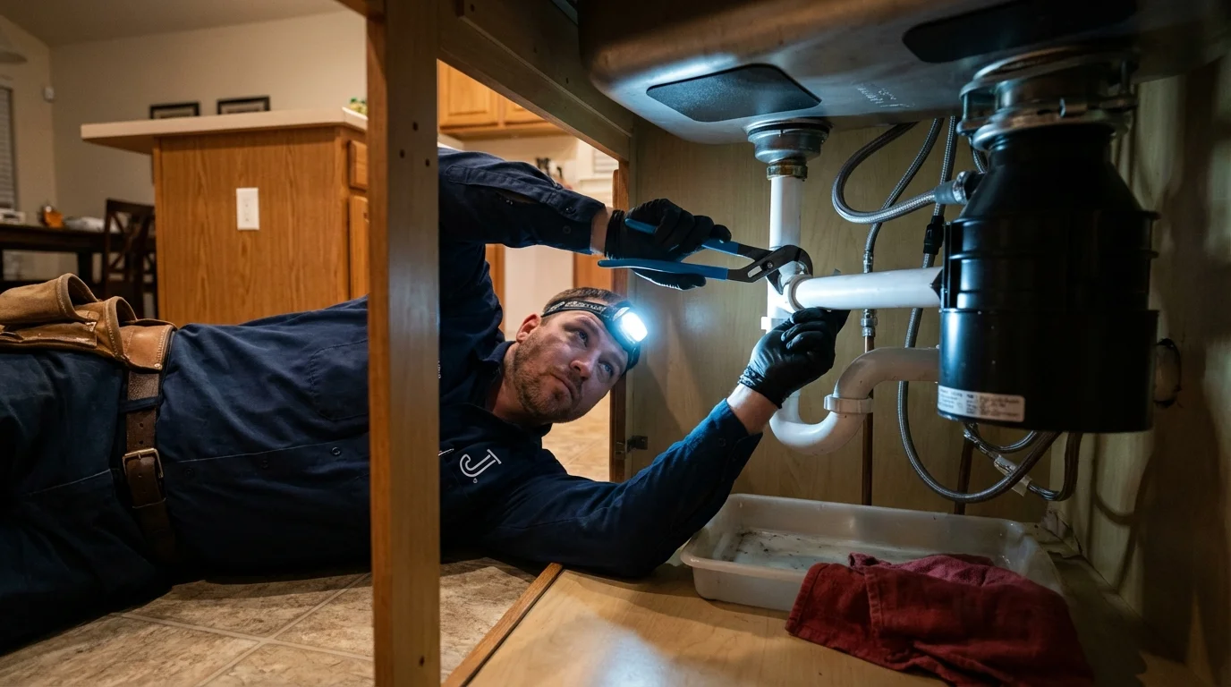 P-trap and supply line connections under a kitchen sink showing a common leak point in Plymouth, ME